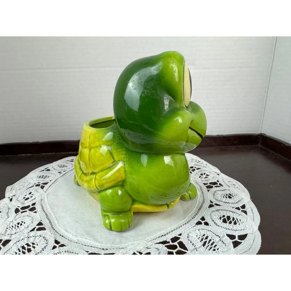 Vintage Ceramic Turtle Planter Green Yellow Anthropomorphic Tortoise Figurine - Picture 9 of 10